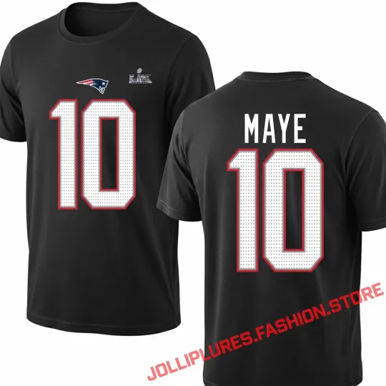 Discover Drake Maye #10 Shirt, New England Patriots Super Bowl LX Patch Name & Number Tee