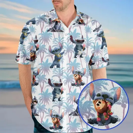 Discover Disney Funny Stitch Cartoon Tropical Palm Pastel Vacation Trip Hawaiian Shirt