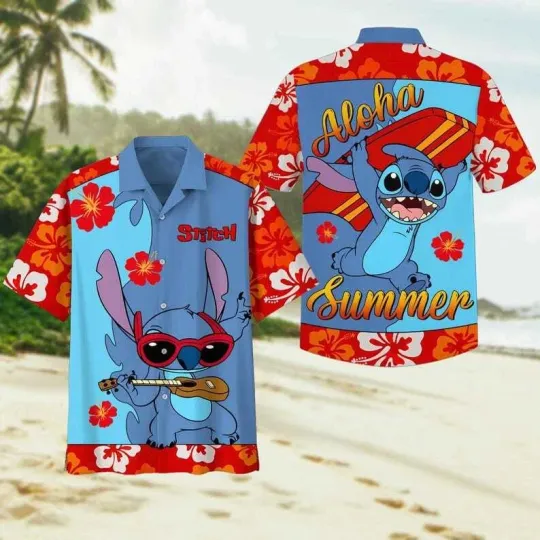 Discover Disney Funny Stitch Surfing Aloha Summer Vacation Lilo & Stitch Hawaiian Shirt