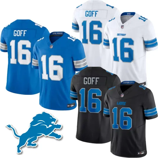 Discover Jared #16 Goff Men's Lions 2025 Black/White/Blue Jersey
