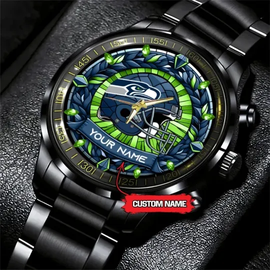 Discover Custom Seatles Football Team Seahawkss Stained Art Black Stainless Steel Watch