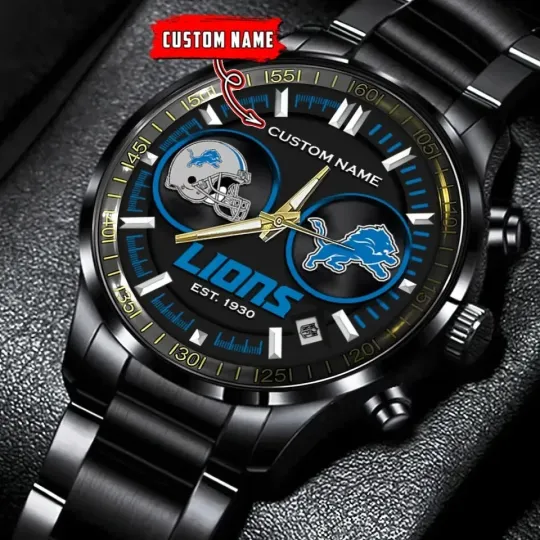 Discover Personalized Detroit Football Team Lionss Black Stainless Steel Watch For Men