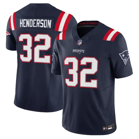 Discover 2025 Patriots TreVeyon Henderson #32 Men's Game Player Navy Jersey