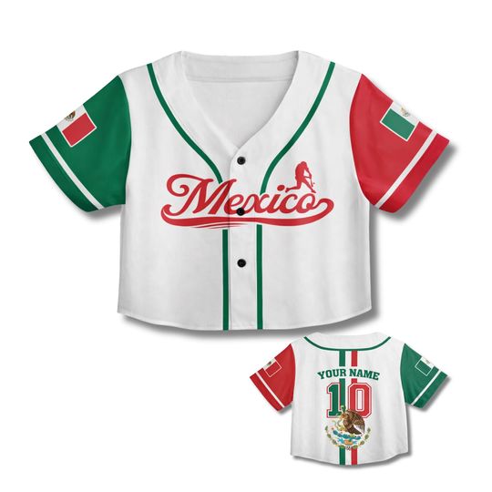 Mexico Flag Baseball Crop Top Women Button Up Jersey Custom Name number Sport Shirt