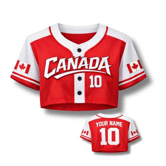 Discover Canada Crop Top Baseball Jersey Red White Sporty Chic 3D Print Shirt