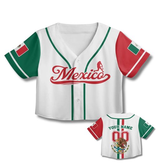 Discover Personalized Mexico Crop Baseball Jersey, Custom Name & Number, Black Button Up Top, Mexican Flag Eagle Design, Cinco de Mayo Gift for Women