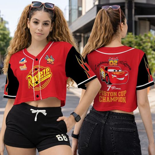 Lightning McQueen Crop Top Baseball Jersey, DisneyCars Crop Top Jersey, Pixar Cars Shirt, Disneyland Shirt, Disneyworld Gift For Her