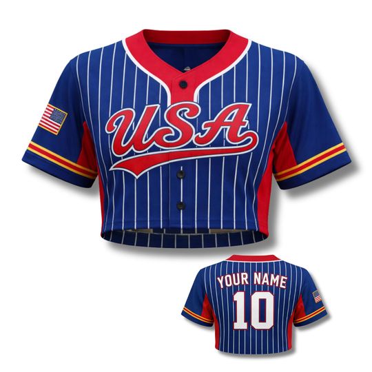 Discover USA Baseball Crop Top Patriotic Button Up Jersey Custom Name number