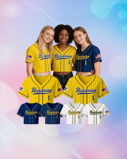 Discover Custom Banana Team Crop Baseball Jersey for Women, Personalized Name & Number, Fun "Let's Go Bananas" Design, Perfect Gift for Savannah Fans