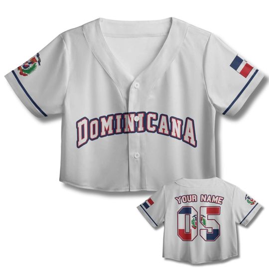 Discover Personalized Dominicana Crop Baseball Jersey Top, Custom Name & Number, Dominican Flag Sleeves, Caribbean Pride Game Day Gift for Women