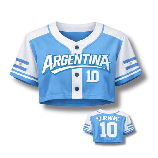 Discover Argentina Crop Top Baseball Jersey Blue White 3D Sporty Chic Shirt