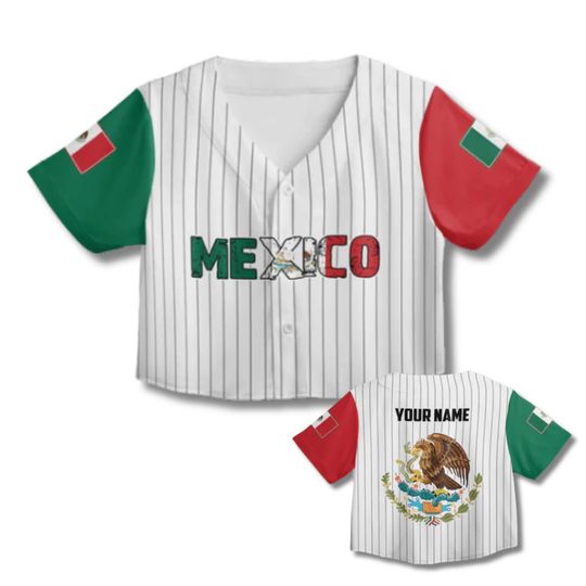 Discover Personalized Mexico Crop Baseball Jersey, Custom Name & Number, Black Button Up Top, Mexican Flag Eagle Design, Cinco de Mayo Gift for Women