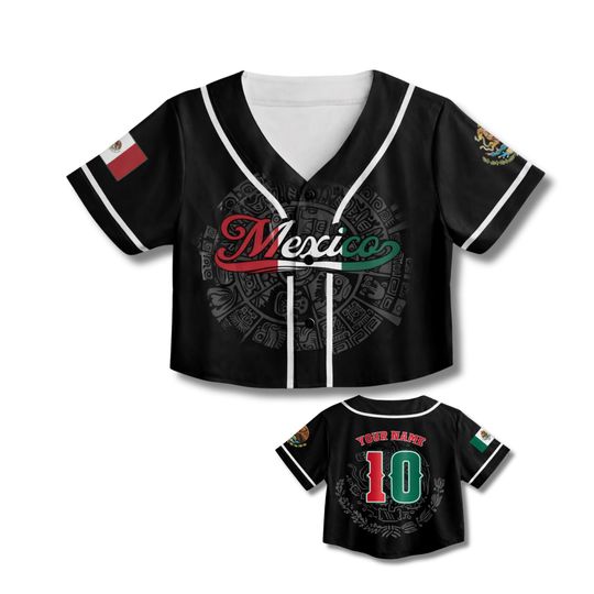 Discover Mexico Flag Baseball Crop Top Women Button Up Jersey Custom Name number Sport Shirt