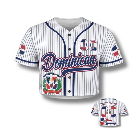 Discover Personalized Dominicana Crop Baseball Jersey Top, Custom Name & Number, Dominican Flag Sleeves, Caribbean Pride Game Day Gift for Women