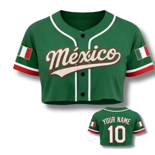 Discover Mexico Flag Baseball Crop Top Women Button Up Jersey Custom Name number Sport Shirt