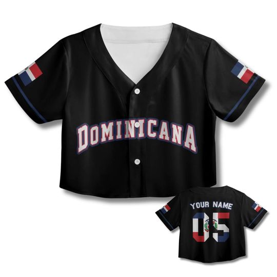 Discover Personalized Dominicana Crop Baseball Jersey Top, Custom Name & Number, Dominican Flag Sleeves, Caribbean Pride Game Day Gift for Women