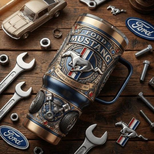 Discover Mustan.g Car Lover Tumbler with Handle, Classic Muscle Car Fan Mug, Automotive Enthusiast Gift, Stainless Steel Insulated Travel Cup