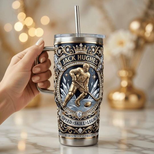 Discover Jack Hughes Hockey Tumbler with Handle, Hockey Player Stainless Steel Mug, Ice Hockey Fan Gift, Insulated Travel Cup, Hockey Lover Drinkware