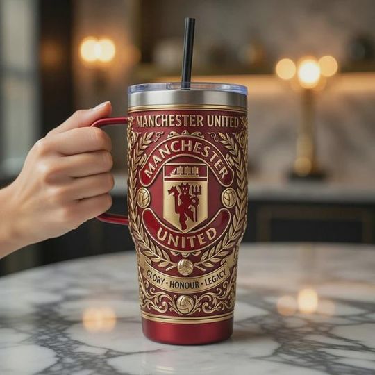 Discover Manchester United Tumbler with Handle, Red Devils Stainless Steel Mug, Manchester United Fan Gift, Soccer Team Insulated Travel Cup