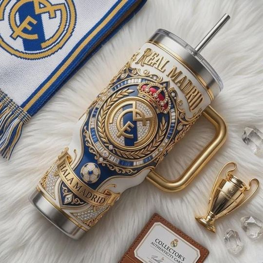 Discover Real Madrid Tumbler with Handle, Hala Madrid Stainless Steel Mug, Real Madrid Fan Gift, Soccer Team Insulated Travel Cup