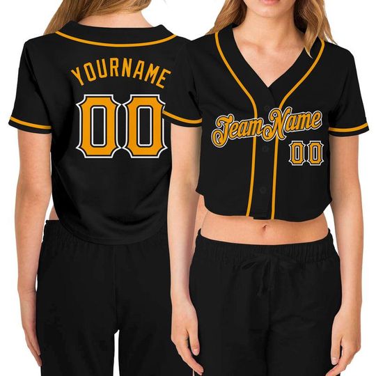 Discover Custom Black Gold Baseball Jersey, Personalized Women's Crop Top, Team Uniform Gift