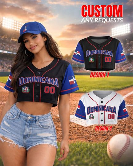 Discover Personalized Dominicana Crop Baseball Jersey Top, Custom Name & Number, Dominican Flag Sleeves, Caribbean Pride Game Day Gift for Women
