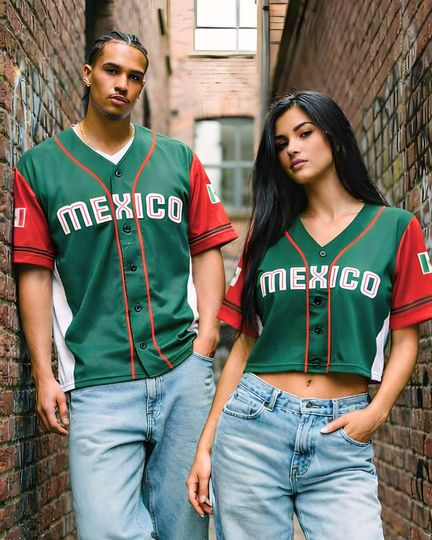 Discover Personalized Mexico 3D Baseball Jersey, Custom Name Number Button Up, Mexico Flag Baseball Crop Top Jersey