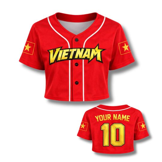 Vietnam Crop Top Baseball Jersey, Custom Name & Number, Women Sport Crop Jersey Shirt