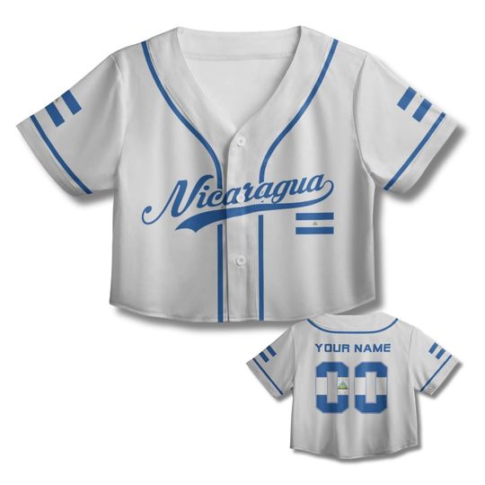 Discover Personalized Nicaragua Crop Baseball Jersey Shirt, Custom Name & Number, Nicaraguan Flag Button Up, Latina Game Day Gift for Women