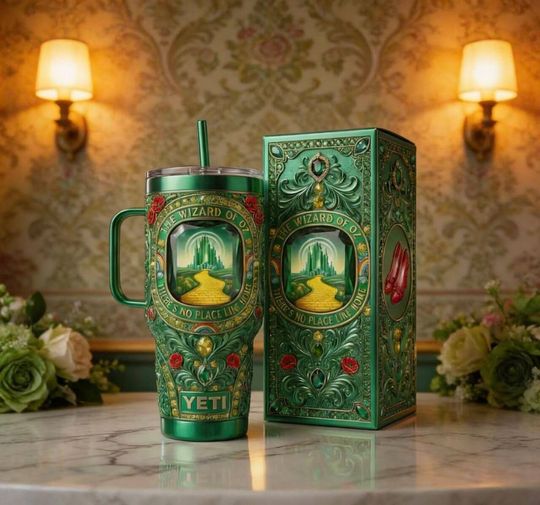 Wizard of Oz Stainless Steel Tumbler with Handle, Emerald City Insulated Cup, Ideal Fan Gift with "Theres No Place Like Home"