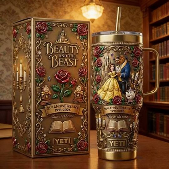 Beauty and the Beast Anniversary Stainless Steel Tumbler with Handle, Fairy Tale Floral Print Cup, Perfect Disney-Inspired Gift