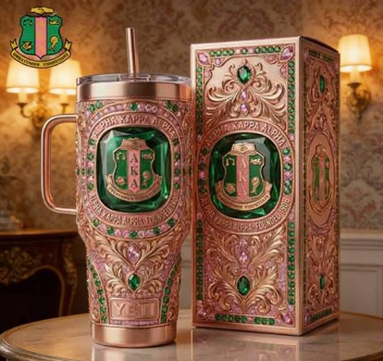 AKA Sorority Stainless Steel Tumbler with Handle, Elegant Pink & Green Insulated Cup for Alpha Kappa Alpha Gifts