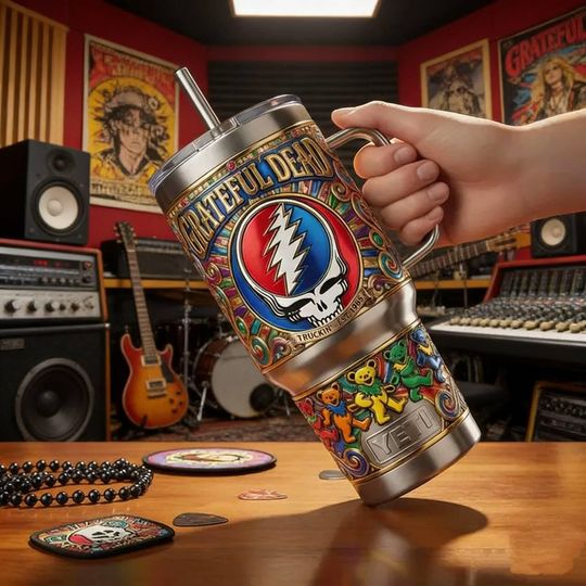 Discover 40oz Psychedelic Skull Cup with Handle, Groovy Tie Dye Design, Printed Stainless Steel Tumbler