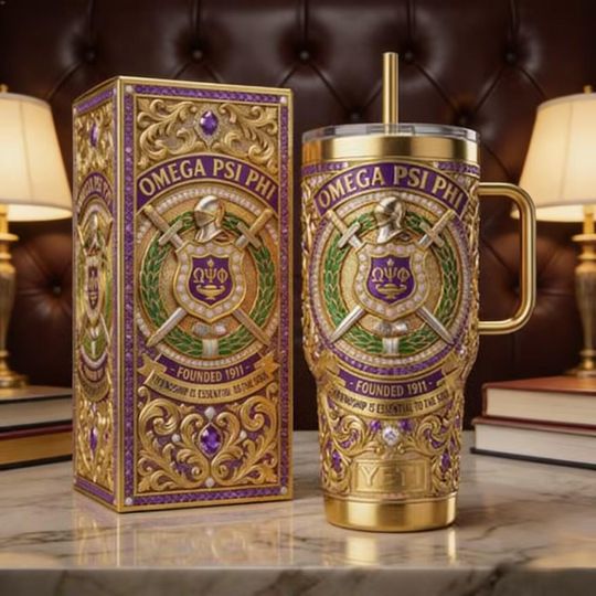 Omega Psi Phi insulated stainless steel tumbler with handle, a perfect fraternity gift for Que members and Divine Nine Greek brotherhood.