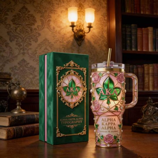 Alpha Kappa Alpha Tumbler with Handle  AKA Sorority Luxury Mug, Pink & Green Stainless Steel Cup, Perfect AKA Gift
