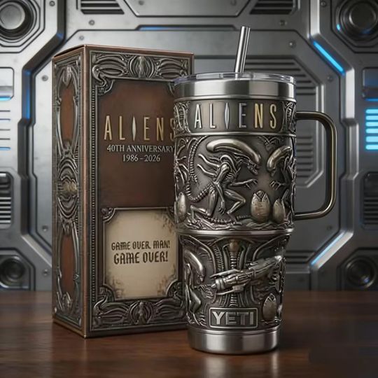 Discover Aliens 40th Anniversary Tumbler with Handle  Gothic Xenomorph Stainless Steel Mug, the perfect sci-fi gift for Alien movie fans