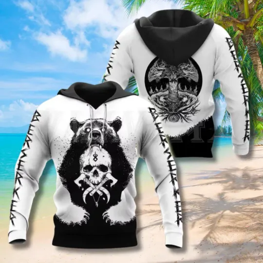 Discover Viking Berserker Bear 3D Hoodie Skull Rune Yggdrasil Nordic Streetwear
