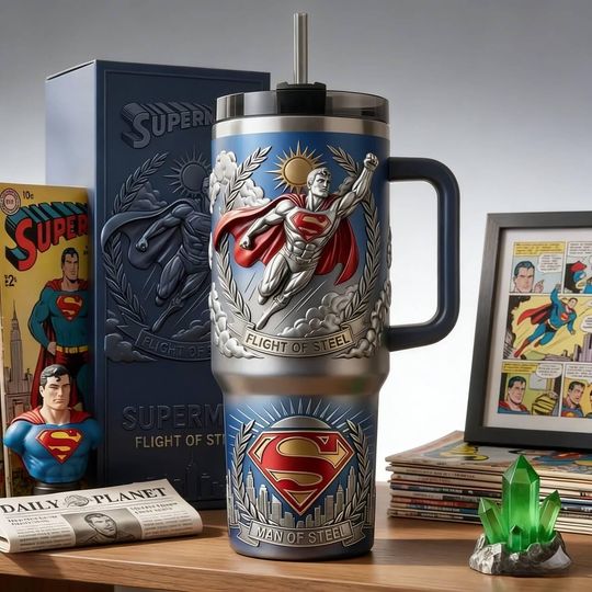 Discover 40oz Steel Hero Printed Tumbler with Handle, Power-Inspired Stainless Steel Insulated Travel Cup