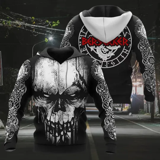Discover 3D Hoodie Viking Berserker Skull Norse Mythology Warrior Men's Outfit