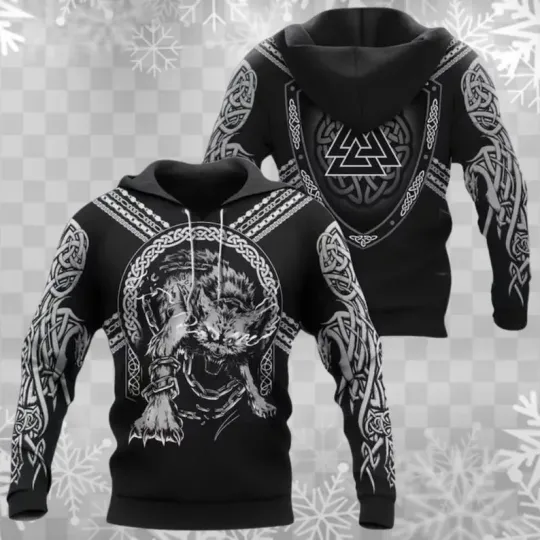 Discover Norse Fenrir Wolf Celtic Knot Valknut Viking 3D Hoodie Black