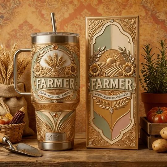 Farmer Harvest Stainless Steel Tumbler with Handle | Rustic Farm Travel Cup | Agriculture Inspired Gift | Country Life Drinkware