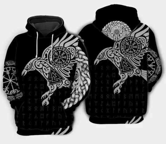 Discover Unisex Viking Warrior Blood Raven 3D Hoodie Pullover Sweatshirt Gift