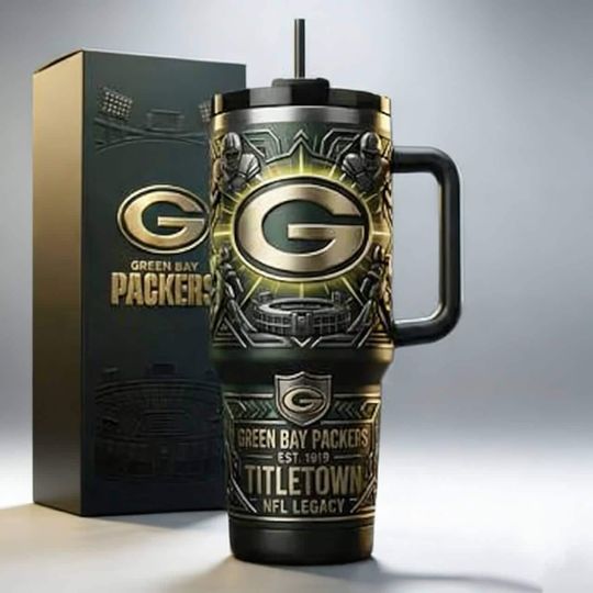 Green Bay Packers Insulated Tumbler with Handle, Titletown football Stainless Steel Cup, Ultimate Gift for Packers Fans