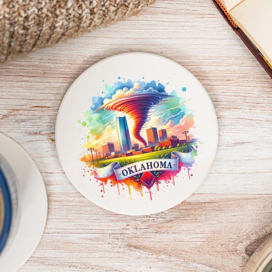 Discover Oklahoma State Coasters, Colorful Ceramic Coaster, Oklahoma Decor, Oklahoma Keepsake, Oklahoma Home, Housewarming Gift, Watercolor Artwork