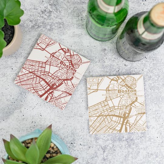 Discover Boston MA Coasters in Custom Colors  Massachusetts Home Decor, MA Gift, Travel Keepsake, Ceramic Coaster Set, Housewarming Gift