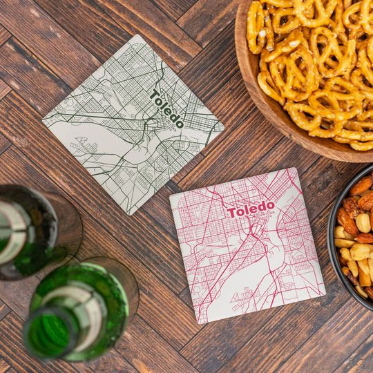 Discover Toledo OH Coasters in Custom Colors  Ohio Home Decor, OH Gift, Travel Keepsake, Ceramic Coaster Set, Housewarming Gift
