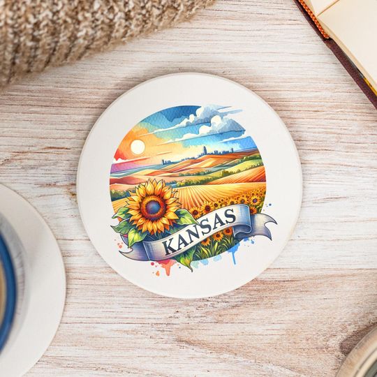 Discover Kansas State Coasters, Colorful Ceramic Coaster, Kansas Decor, Kansas Keepsake, Kansas Home, Housewarming Gift, Watercolor Artwork