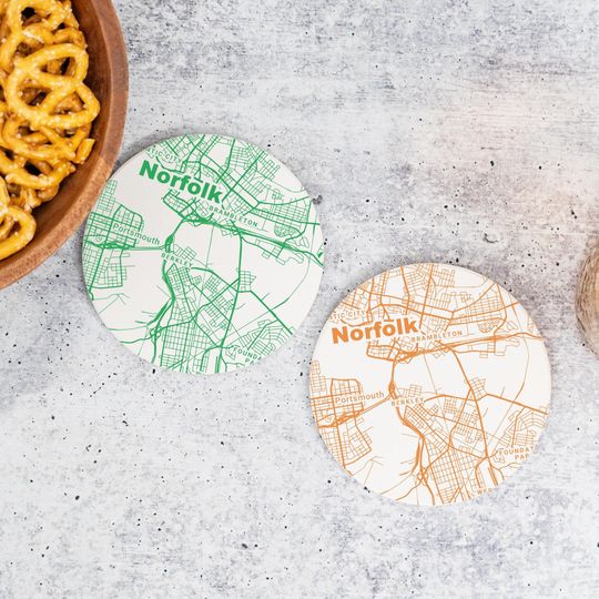 Discover Norfolk VA Map Coasters in Your Choice of Color  VA Decor, Virginia Gift, Absorbent Ceramic Coasters, Tourist Keepsake