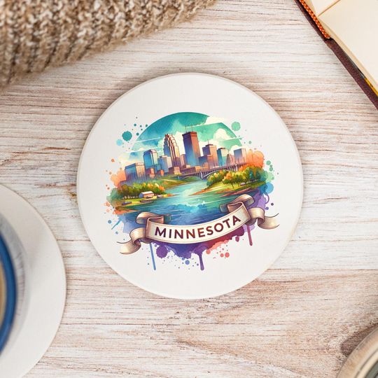 Discover Minnesota State Coaster, Colorful Ceramic Coaster, MN Decor, Minnesota Keepsake, Minnesota Home, Housewarming Gift, Watercolor Artwork