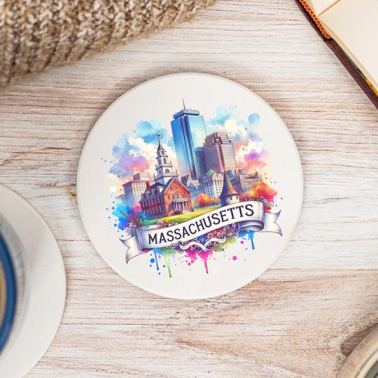 Discover Massachusetts State Coaster, Colorful Ceramic Coaster, MA Decor, Massachusetts Keepsake, MA Home, Housewarming Gift, Watercolor Artwork